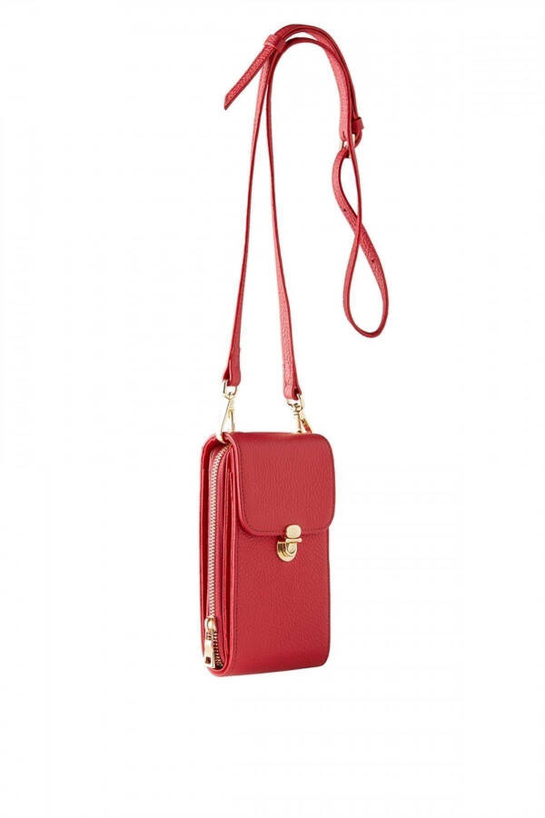 Red genuine leather crossbody phone bag with zipper and card holder for women - 2