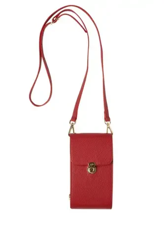 Red genuine leather crossbody phone bag with zipper and card holder for women - 2