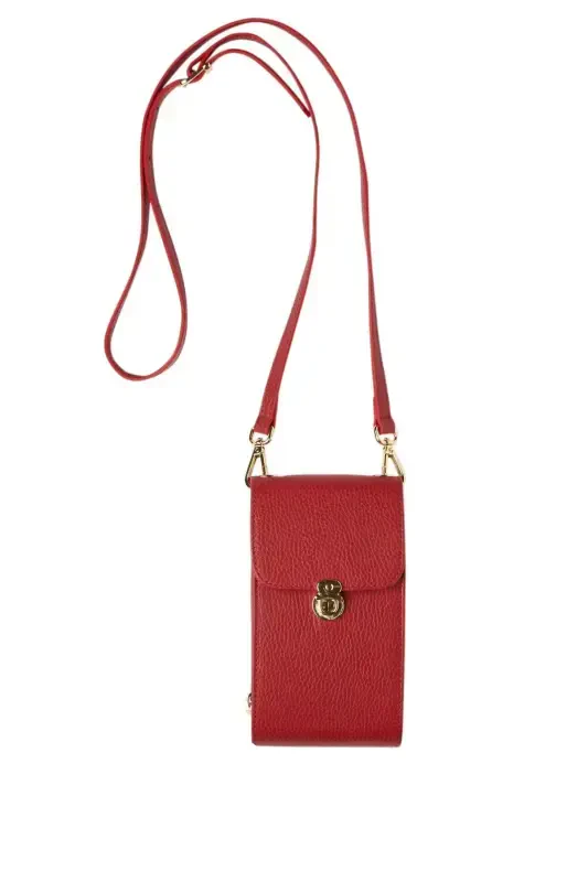 Red genuine leather crossbody phone bag with zipper and card holder for women - 2