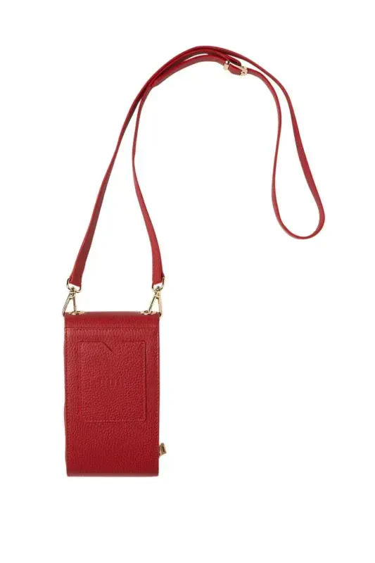 Red genuine leather crossbody phone bag with zipper and card holder for women - 4