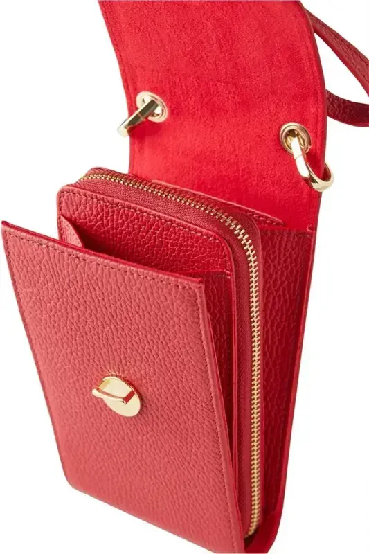 Red genuine leather crossbody phone bag with zipper and card holder for women - 5