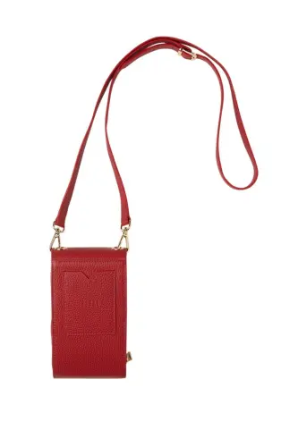 Red genuine leather crossbody phone bag with zipper and card holder for women - 5