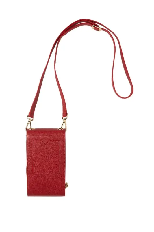 Red genuine leather crossbody phone bag with zipper and card holder for women - 5