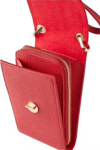 Red genuine leather crossbody phone bag with zipper and card holder for women - 6
