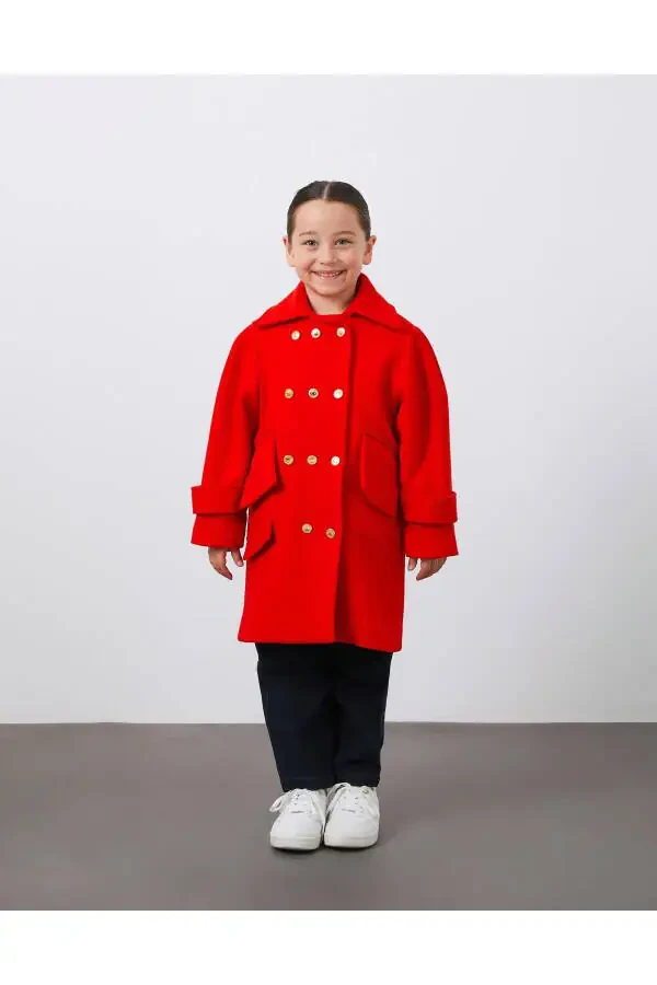 Red Girls' Wool Coat with Gold Button Details - 5