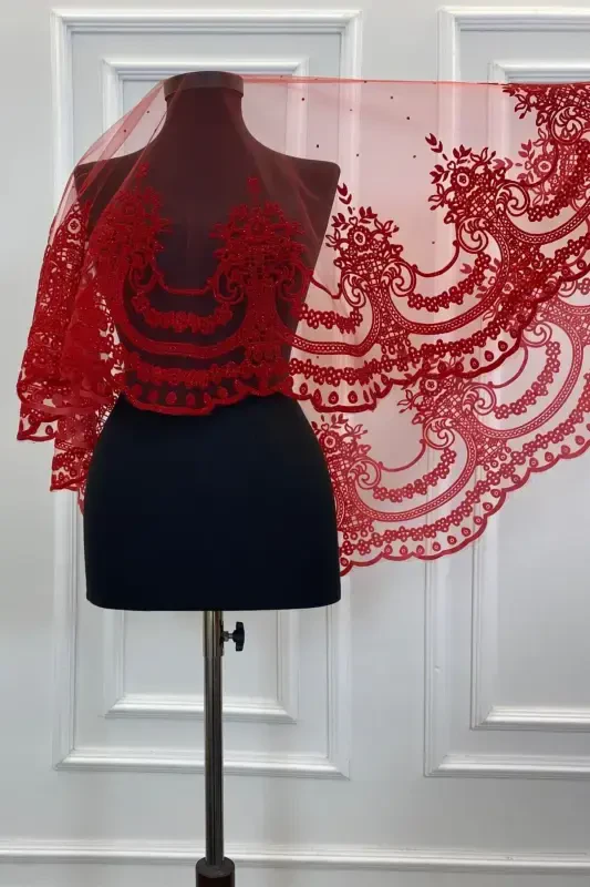 Red Glitter Sultan Pattern Bridal Veil Set, Henna Veil Face Cover Alı-FLOKSULTANKIRMIZI - ZEYMERADE