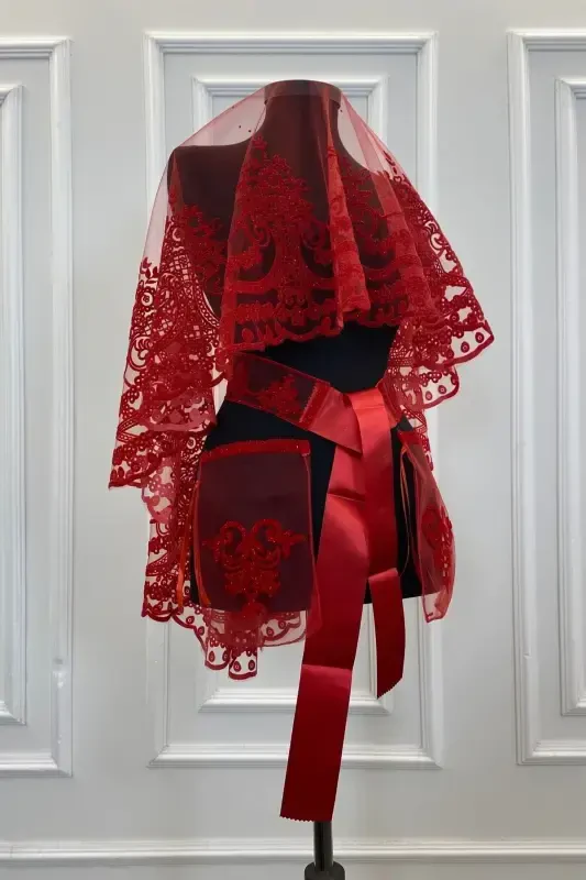 Red Glitter Sultan Pattern Bridal Veil Set, Henna Veil Face Cover Alı-FLOKSULTANKIRMIZI - 2