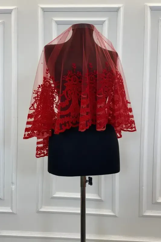 Red Glitter Sultan Pattern Bridal Veil Set, Henna Veil Face Cover Alı-FLOKSULTANKIRMIZI - 3