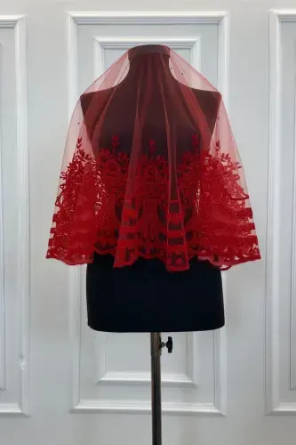 Red Glitter Sultan Pattern Bridal Veil Set, Henna Veil Face Cover Alı-FLOKSULTANKIRMIZI - 4