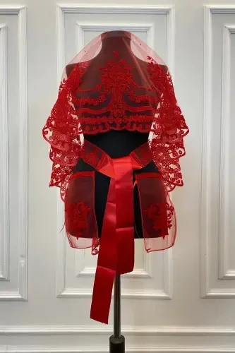 Red Glitter Sultan Pattern Bridal Veil Set, Henna Veil Face Cover Alı-FLOKSULTANKIRMIZI - 5