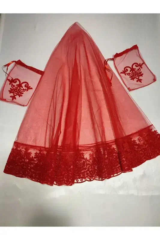 Red Glittery Bride And Cloth Groom Henna Veil Set-Green With Henna Special Veil, Gloves And Belt - 2