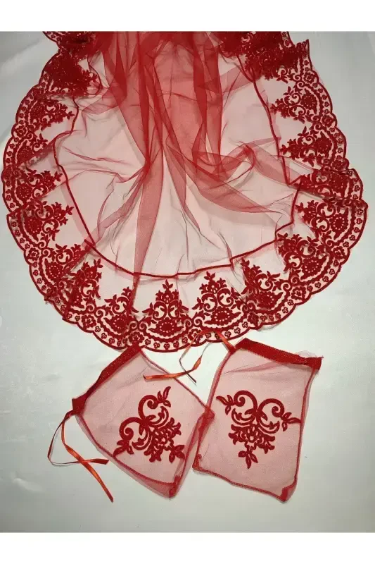 Red Glittery Bride And Cloth Groom Henna Veil Set-Green With Henna Special Veil, Gloves And Belt - 4