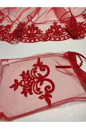 Red Glittery Bride And Cloth Groom Henna Veil Set-Green With Henna Special Veil, Gloves And Belt - 6