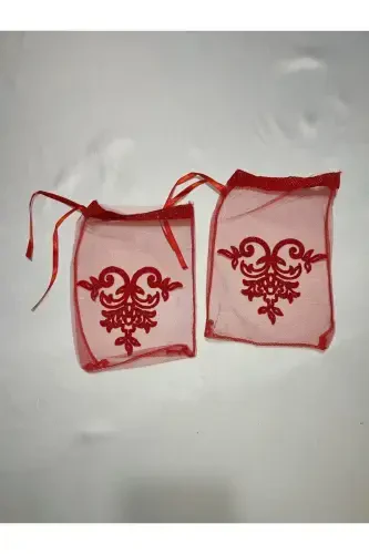 Red Glittery Bride And Cloth Groom Henna Veil Set-Green With Henna Special Veil, Gloves And Belt - 8