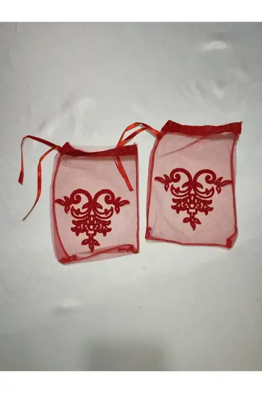 Red Glittery Bride And Cloth Groom Henna Veil Set-Green With Henna Special Veil, Gloves And Belt - 8