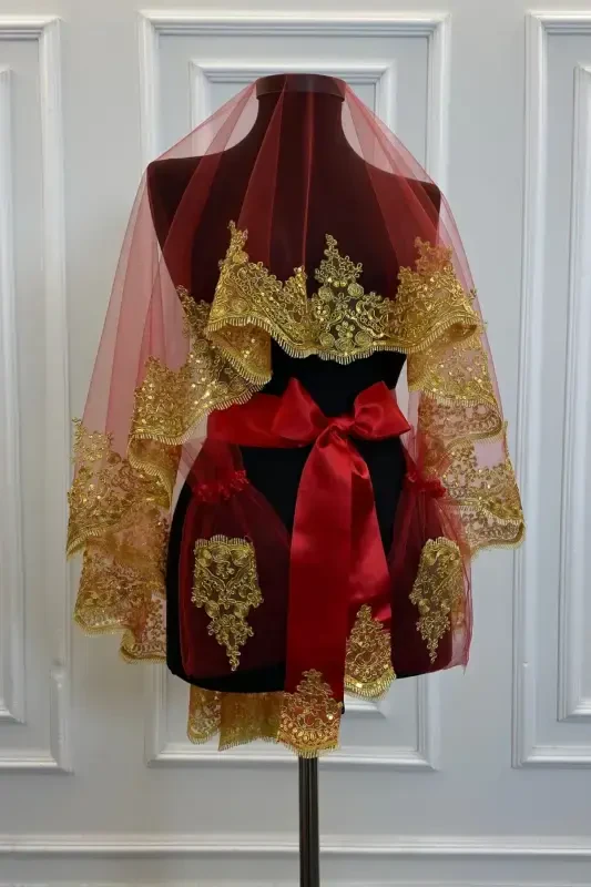 Red Gold Shiny Guipure Bridal Henna Veil Set Wedding Henna Night Face Cover Ali-RedGold - 1