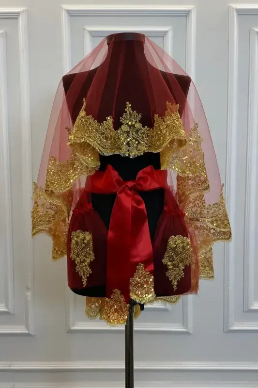Red Gold Shiny Guipure Bridal Henna Veil Set Wedding Henna Night Face Cover Ali-RedGold - 2