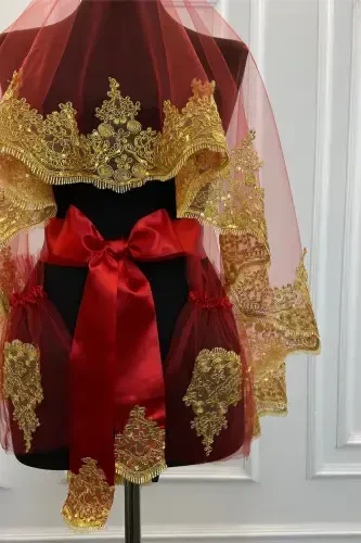 Red Gold Shiny Guipure Bridal Henna Veil Set Wedding Henna Night Face Cover Ali-RedGold - 3