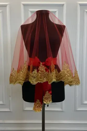 Red Gold Shiny Guipure Bridal Henna Veil Set Wedding Henna Night Face Cover Ali-RedGold - 4