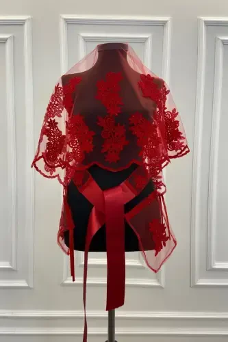 Red Guipure Patterned Flock Print Glitter Bridal Veil Sash Glove Set-FLOKGÜPÜRKIRMIZI - 1