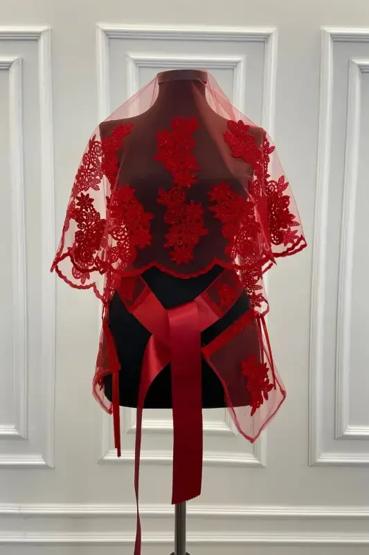 Red Guipure Patterned Flock Print Glitter Bridal Veil Sash Glove Set-FLOKGÜPÜRKIRMIZI - ZEYMERADE