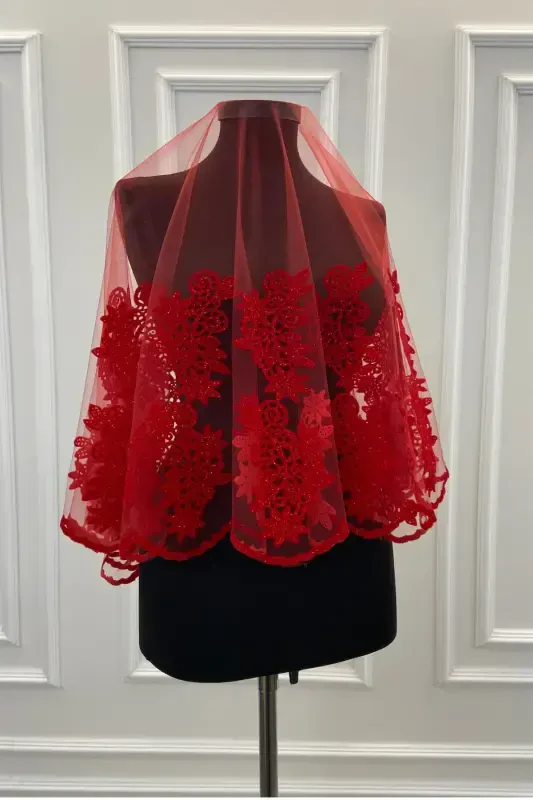 Red Guipure Patterned Flock Print Glitter Bridal Veil Sash Glove Set-FLOKGÜPÜRKIRMIZI - 2