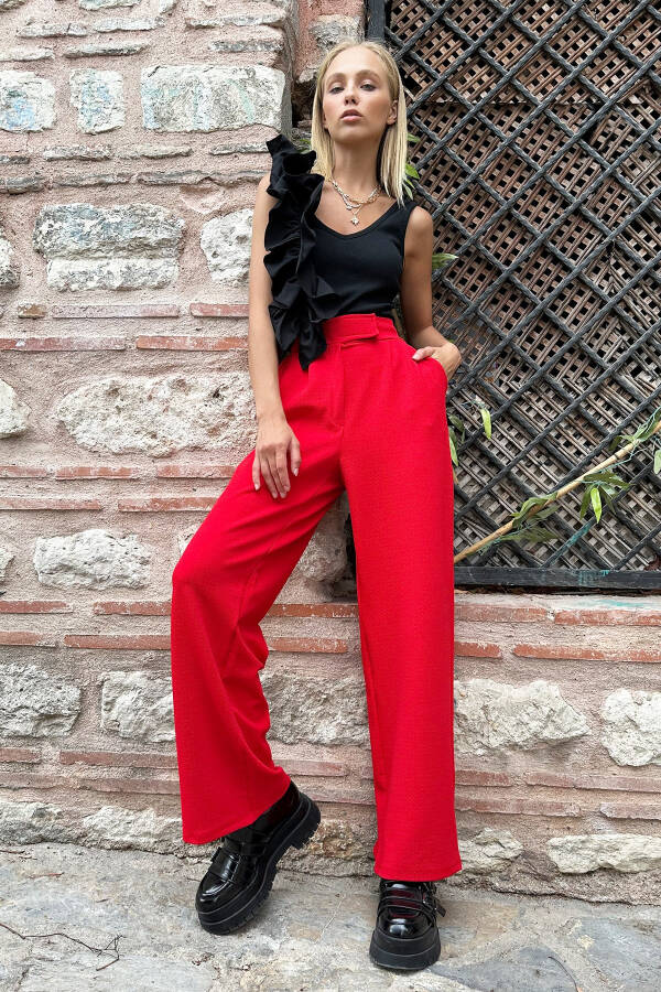 Red, high waisted, double pocket, pleated, snap closure palazzo pants. - 1