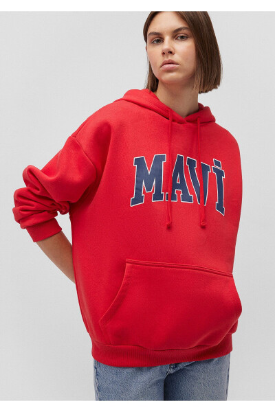 Red Hooded Sweatshirt with Logo Print Oversize/Wide Cut 1600361-82054 - 7