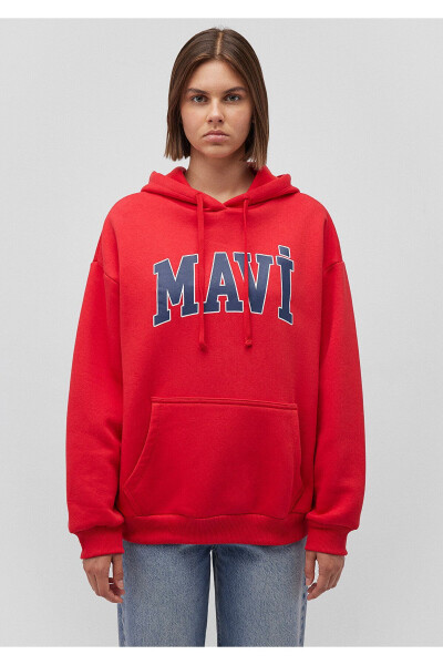 Red Hooded Sweatshirt with Logo Print Oversize/Wide Cut 1600361-82054 - 9