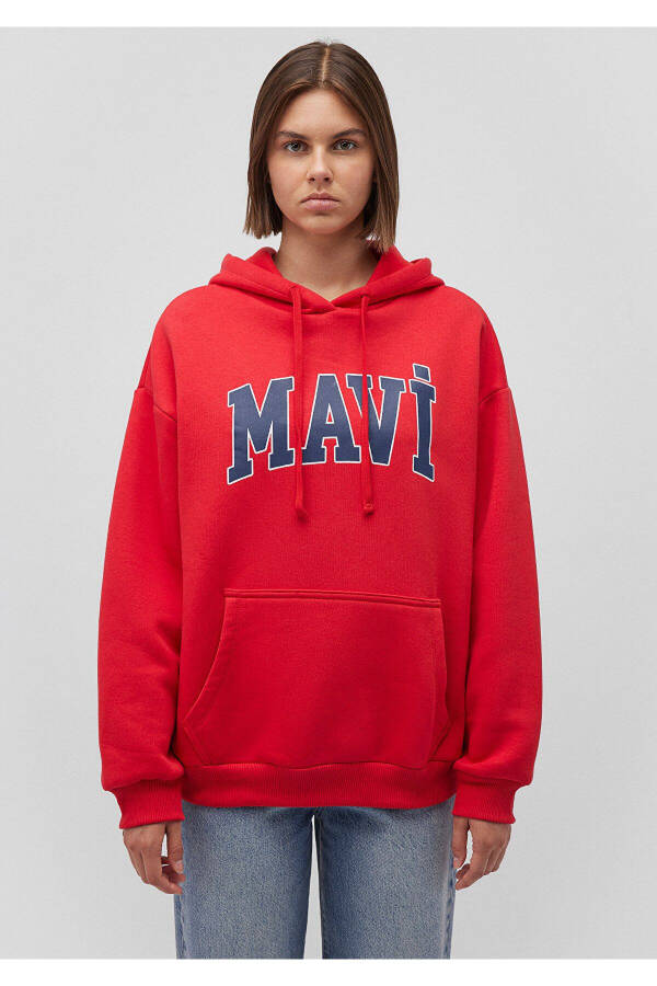 Red Hooded Sweatshirt with Logo Print Oversize/Wide Cut 1600361-82054 - 3