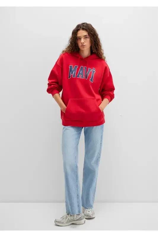 Red Hooded Sweatshirt with Logo Print Oversize/Wide Cut 1600361-82054 - 2