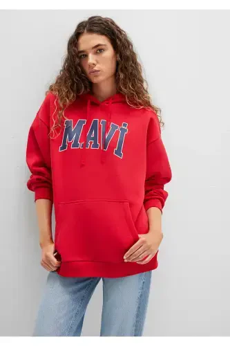 Red Hooded Sweatshirt with Logo Print Oversize/Wide Cut 1600361-82054 - 3