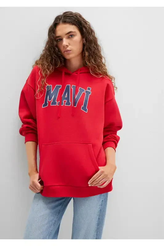 Red Hooded Sweatshirt with Logo Print Oversize/Wide Cut 1600361-82054 - 3