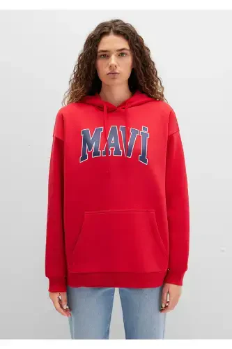 Red Hooded Sweatshirt with Logo Print Oversize/Wide Cut 1600361-82054 - 4