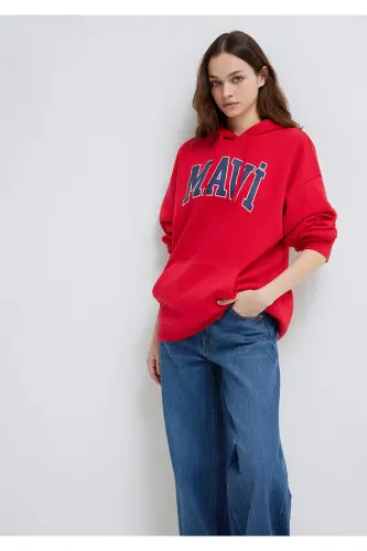 Red Hooded Sweatshirt with Logo Print Oversize/Wide Cut 1600361-82054 