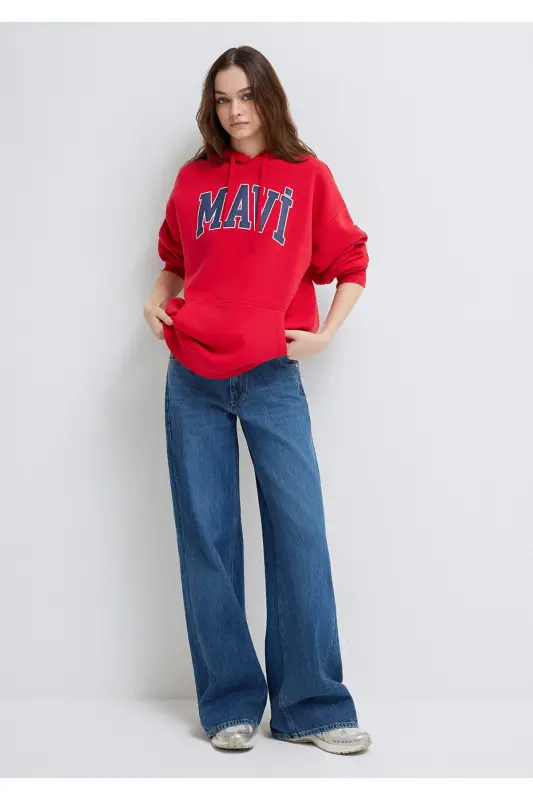 Red Hooded Sweatshirt with Logo Print Oversize/Wide Cut 1600361-82054 - 2