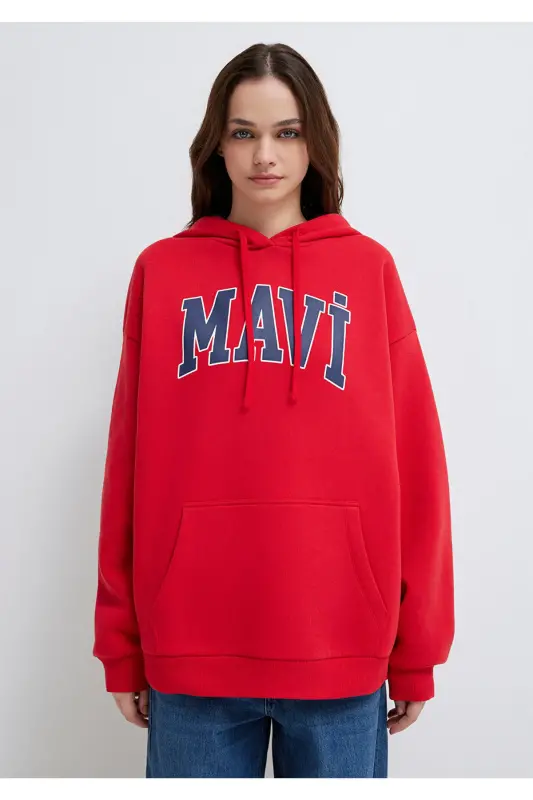 Red Hooded Sweatshirt with Logo Print Oversize/Wide Cut 1600361-82054 - 3