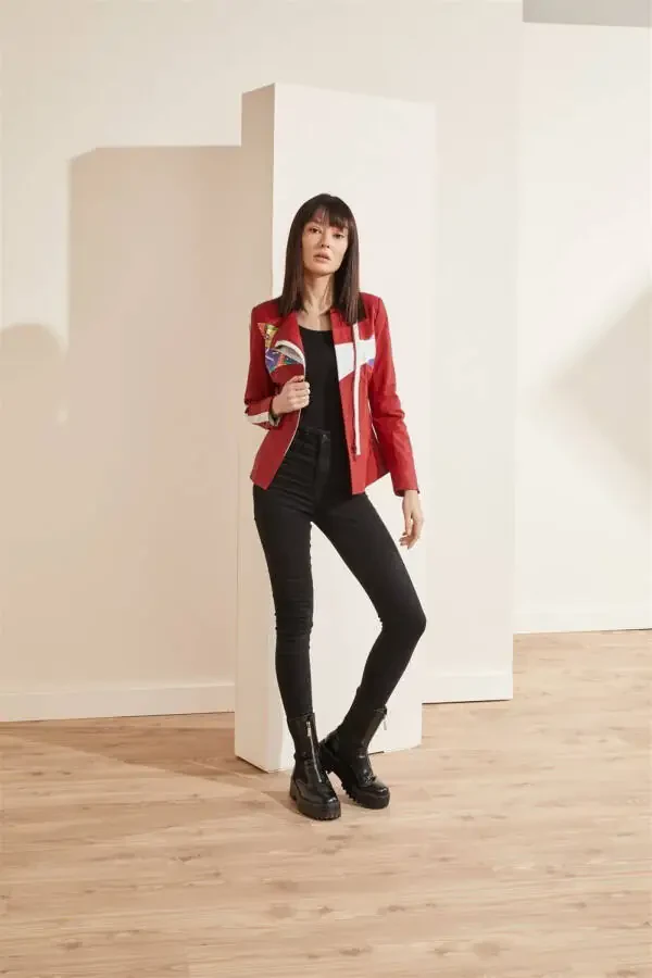 Red Ikigai, genuine leather women's biker jacket from Tokyo. - 2