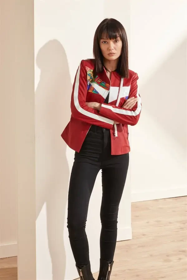 Red Ikigai, genuine leather women's biker jacket from Tokyo. - 3