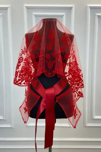 Red Ivy Pattern Flock Print Glittery Bridal Veil Sash Glove Set-FLOKSARMAŞIKKIRMIZI - 1