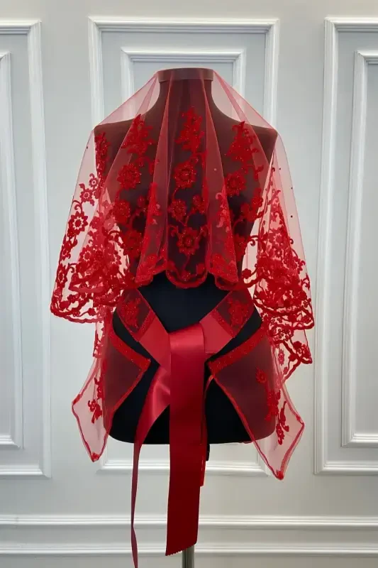 Red Ivy Pattern Flock Print Glittery Bridal Veil Sash Glove Set-FLOKSARMAŞIKKIRMIZI - 1