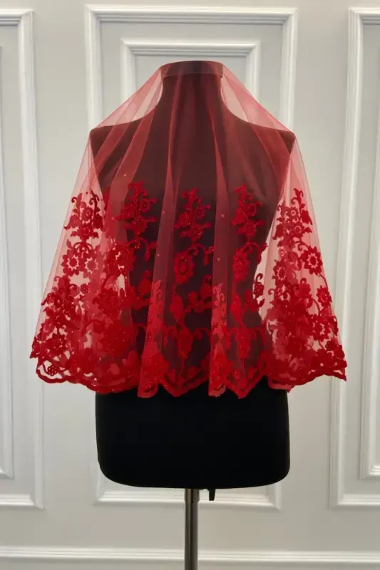 Red Ivy Pattern Flock Print Glittery Bridal Veil Sash Glove Set-FLOKSARMAŞIKKIRMIZI - 2