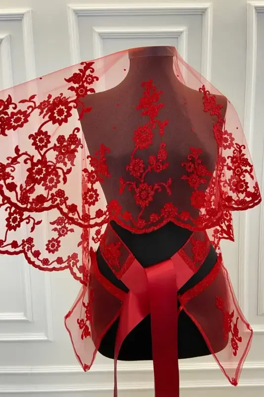 Red Ivy Pattern Flock Print Glittery Bridal Veil Sash Glove Set-FLOKSARMAŞIKKIRMIZI - 3