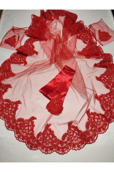 Red Lace Bridal Henna Veil, Belt and Glove Set for Henna Nights - 74
