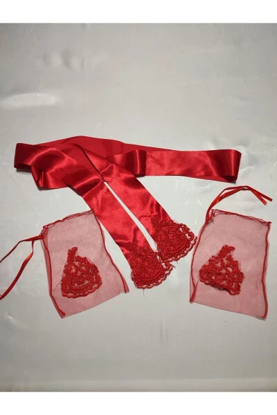 Red Lace Bridal Henna Veil, Belt and Glove Set for Henna Nights - 54
