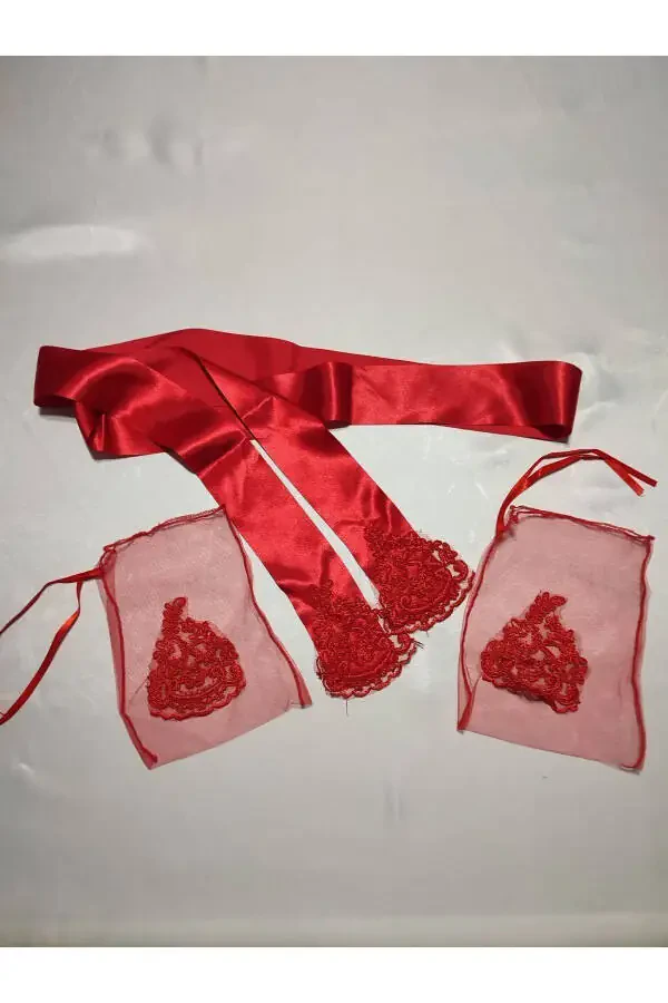 Red Lace Bridal Henna Veil, Belt and Glove Set for Henna Nights - 46