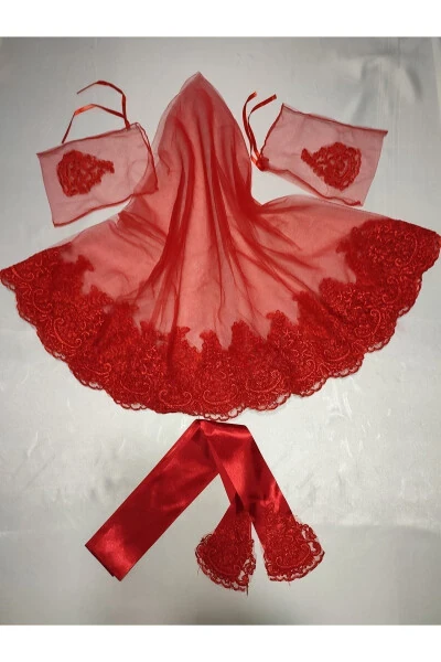 Red Lace Bridal Henna Veil, Belt and Glove Set for Henna Nights - 48