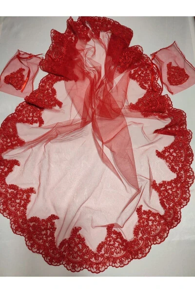 Red Lace Bridal Henna Veil, Belt and Glove Set for Henna Nights - 36