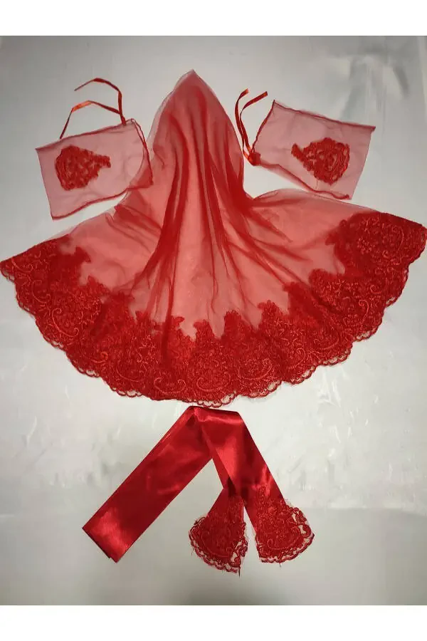 Red Lace Bridal Henna Veil, Belt and Glove Set for Henna Nights - 40