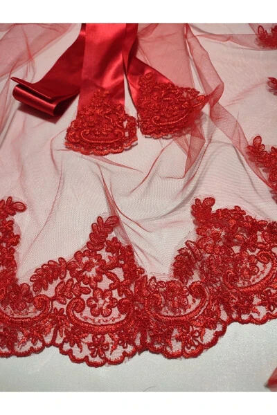 Red Lace Bridal Henna Veil, Belt and Glove Set for Henna Nights - 19